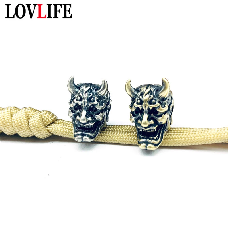 Japanese Ghost Hannya Mask Brass Keychains Pendants Vintage Paracord Rope Knife Beads EDC Outdoor Tool DIY Bracelets Accessories