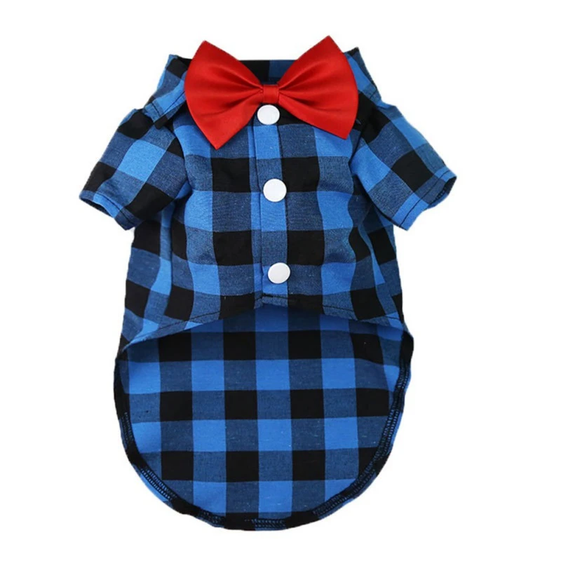 Dog Shirts Fashion bowknot Plaid Dog Shirts Cotton Pet Puppy T-Shirt Dog Clothes For Small Medium Dogs Cat