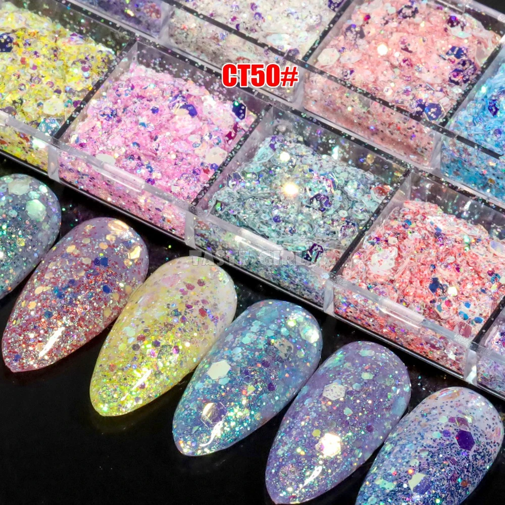 12 Grids/Box Mix Starr Hexagon Sequins Nail Glitter Holographic Laser Paillette Nail Art Slice Decoration Manicure Tips CT