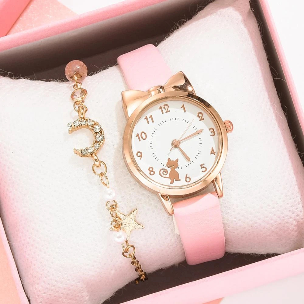 Fashion Women Watches Cat Pattern Leather Ladies Wrist Watches Dress Students Children Pink Watch Girl Gift Clocks Montre Femme