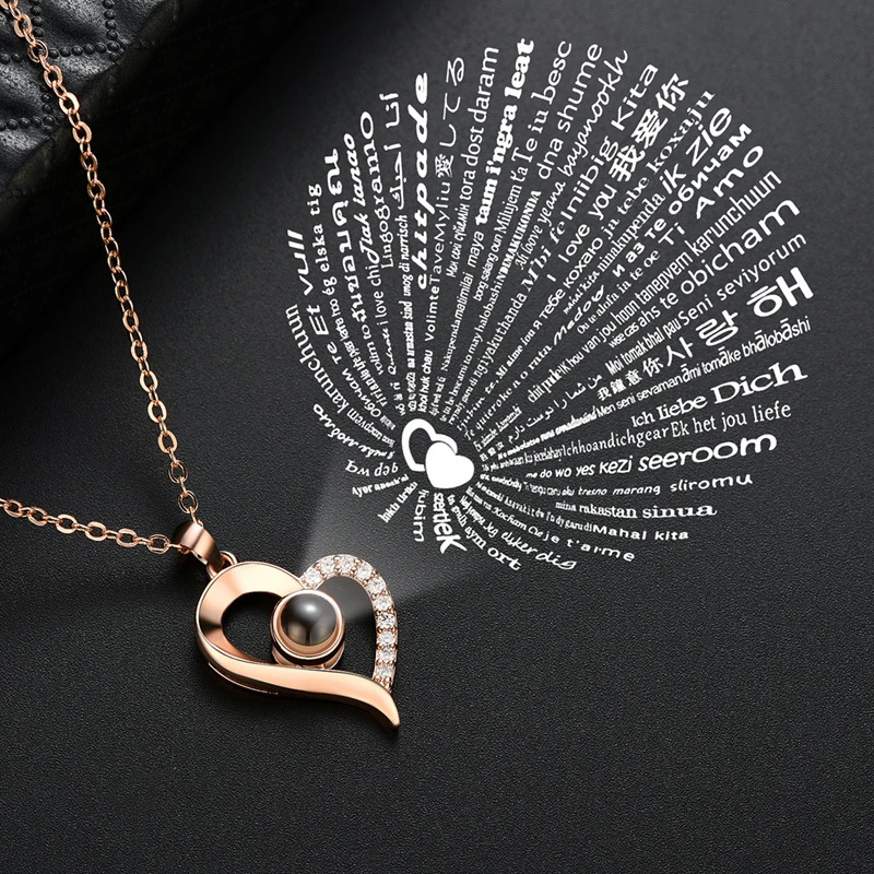 Rose Gold 100 languages I love you Projection Pendant Necklace Romantic Love Memory Wedding Necklace for Women Kolye