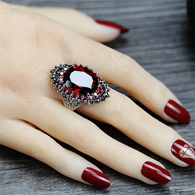 MOONROCY Vintage Red Blue Silver Color Rings Crystal Party Trendy CZ Ring for Women Girls Gift  Dropshipping Jewelry Wholesale