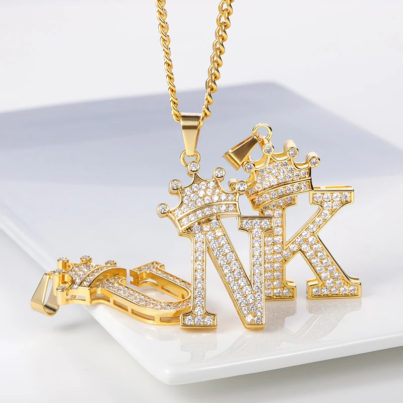 Zircon A-Z Crown Alphabet Pendant Necklace Handsome Guy Rock Punk Hip-Hop Style Band Rapper Dancer Essential Woman Man Jewelry