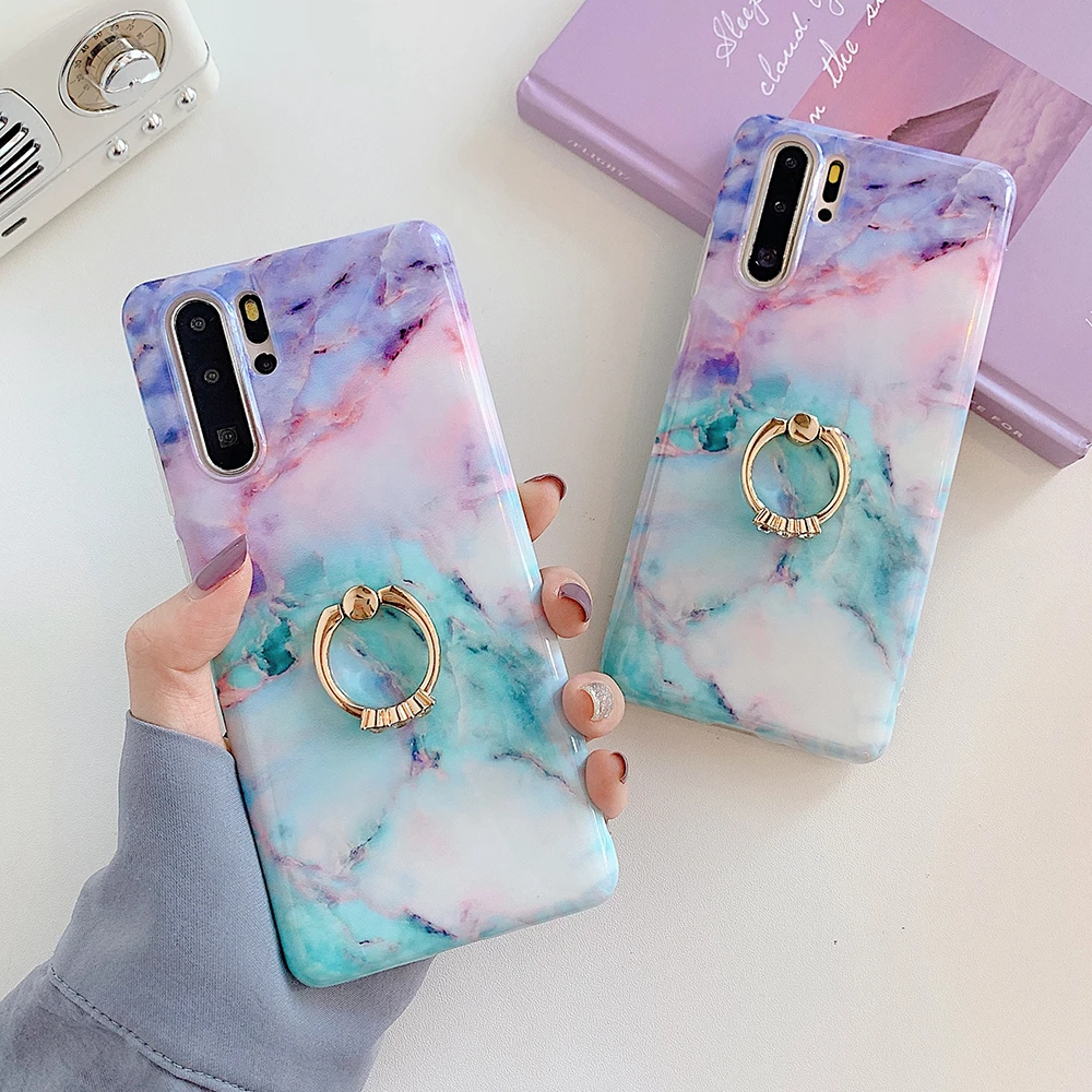 Gradient Marble Phone Case For Samsung Galaxy S21 Plus S20 S10e S10 S9 S8 Plus Note 10 9 With Finger Ring Holder Soft Back Cover