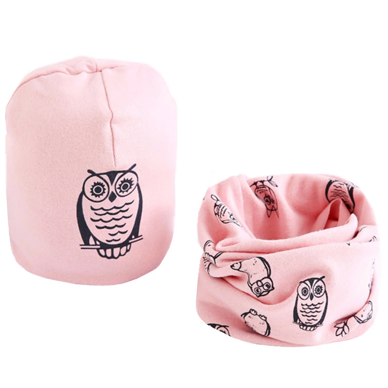 New Spring Autumn Girls Hat Scarf Set Cartoon Owl Star Swan Baby Boy Girls Hat Set Children Hat Scarf-Collar Cotton Kids Hat Set