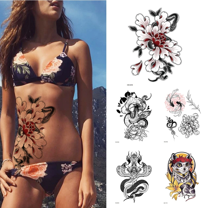 Breast Arm Sleeve Tattoo Women Sexy Back Stickers Body Art  Flower Snake Leaves Pattern Sexy Tattoos