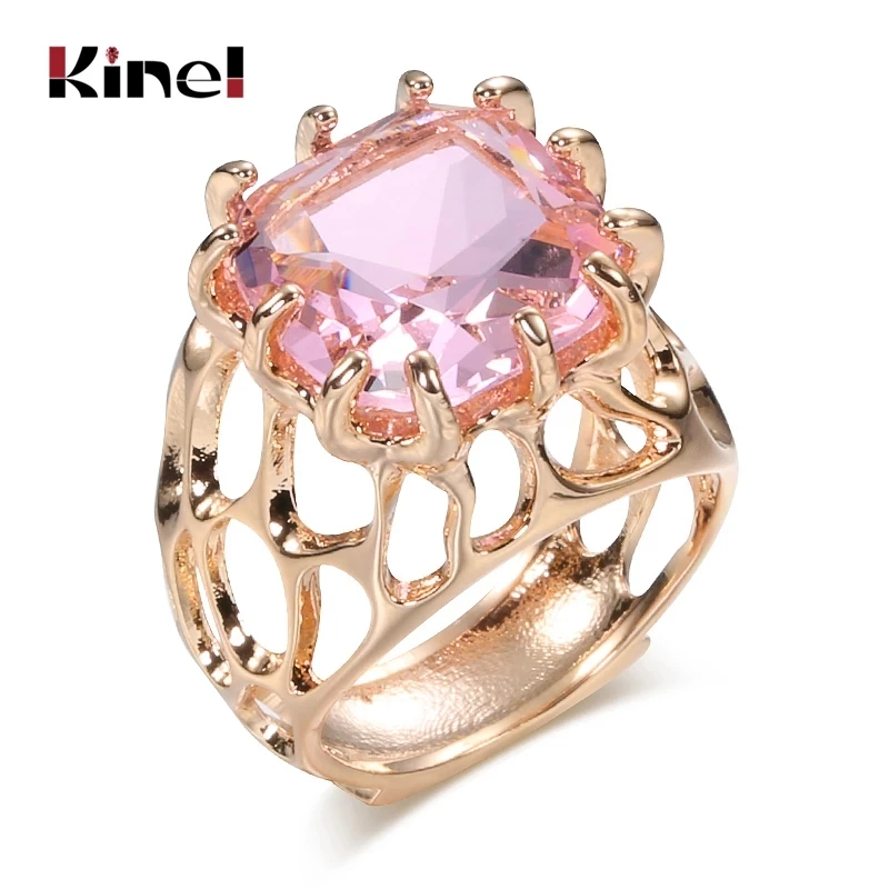 Kinel New Arrived Pink Square CZ Zircon Stone Rings For Women 585 Gold Jewellery Party Wedding Ring Vintage Jewelry