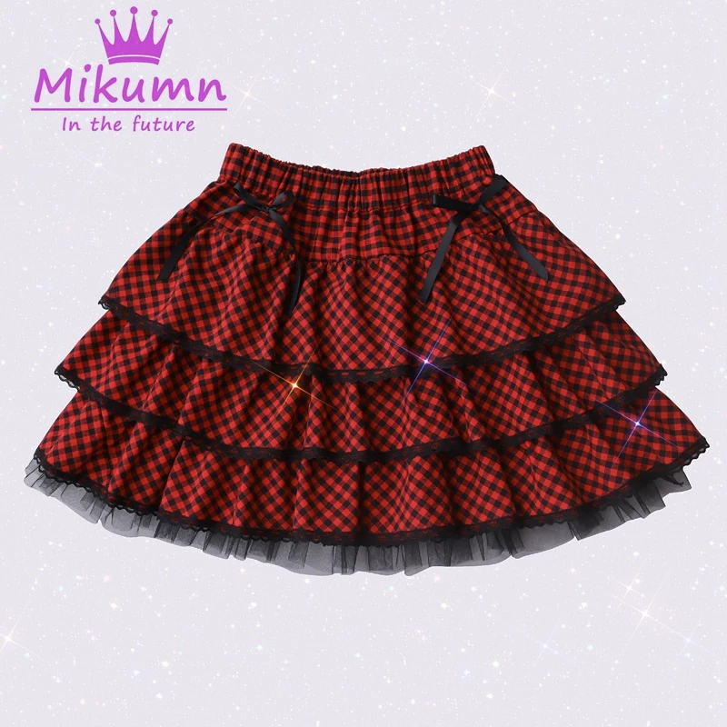 Japanese Harajuku Style Girls Cute Bow Red Plaid High Waist Pleated Skirts Sweet Lolita Cake Mini Skirt Cosplay Costume Skirts