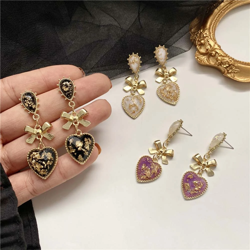 Bowknot Heart Resin Earrings Korean Classic Style Golden Peach Heart Stud Earrings For Woman Jewelry Valentine's Day present