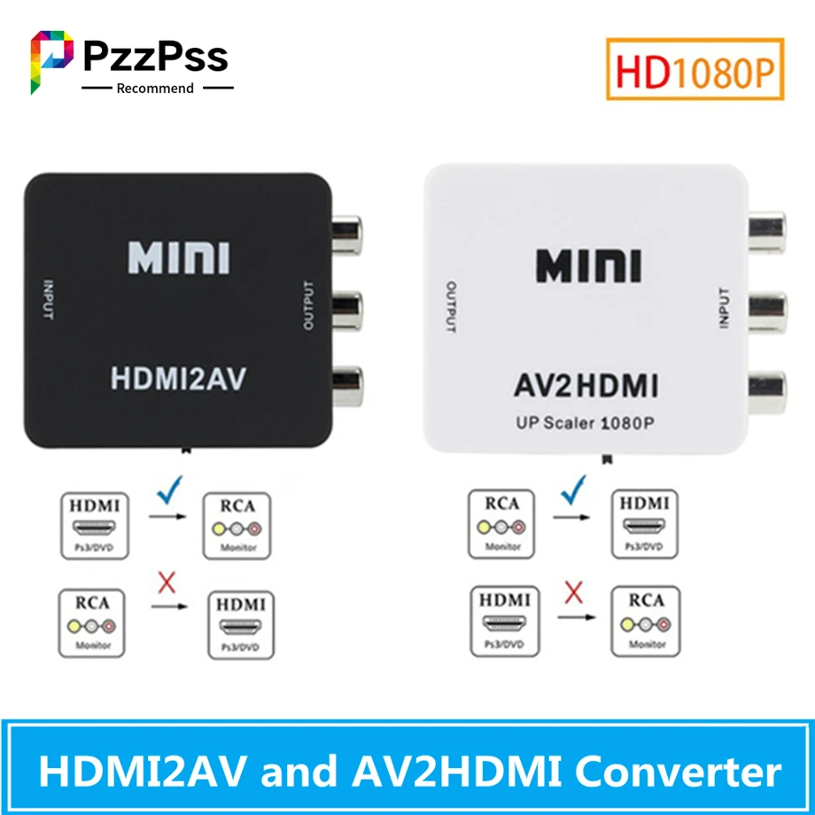 PzzPss 1080P HDMI-compatible to AV Scaler Adapter Video Composite Converter HDMI-compatible to RCA CVSB L/R Video Mini HD2AV