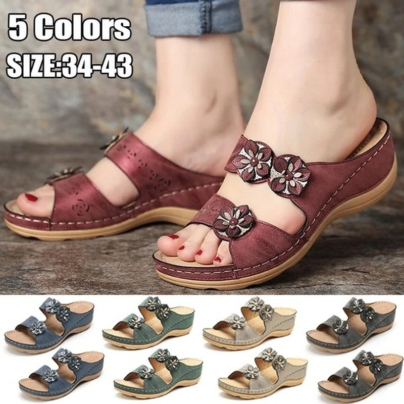 Women Sandals New Summer Shoes Woman Plus Size 44 Heels Sandals For Wedges Chaussure Femme Casual Flower Vintage Wedge Heel