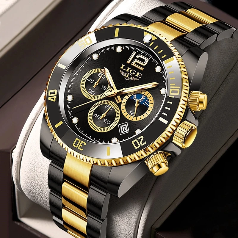 LIGE Watches Mens Top Brand Luxury Clock Casual Stainless Steel Hour Luminous Men Watch Waterproof Sports Quartz Chronograph+Box