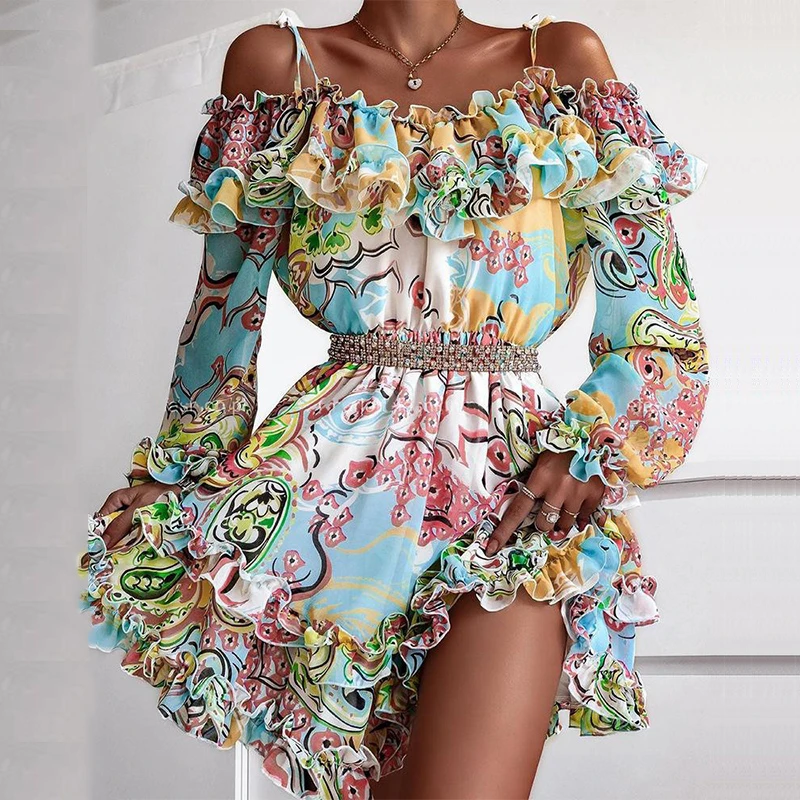 Women Summer Sexy Off Shoulder Ruffle Mini Dress Elegant Slash Neck Party Dress Casual Vintage Floral Print Ladies Beach Dresses