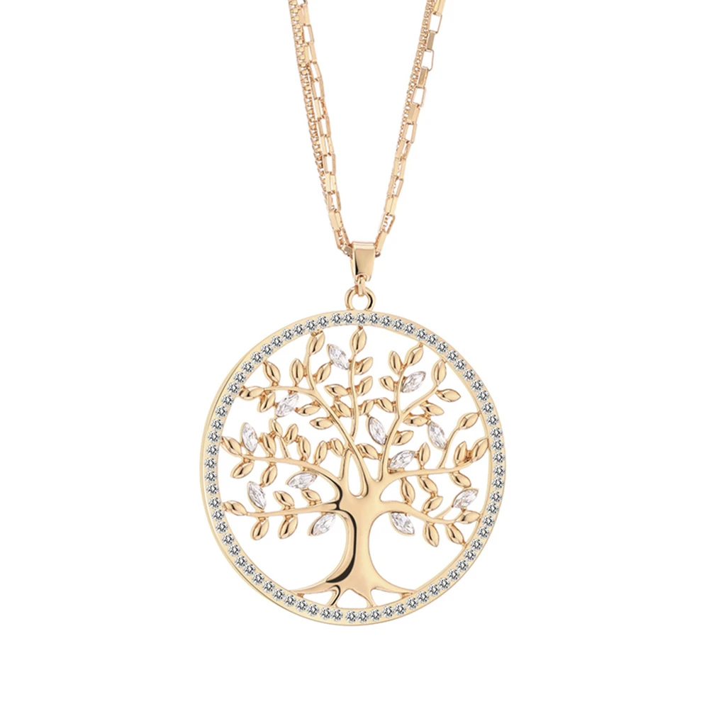 Plant Tree of Life Big Pendant Necklace Gold Color Round Geometric Double Layer Chain Stainless Steel Jewelry Women Trenday Gift