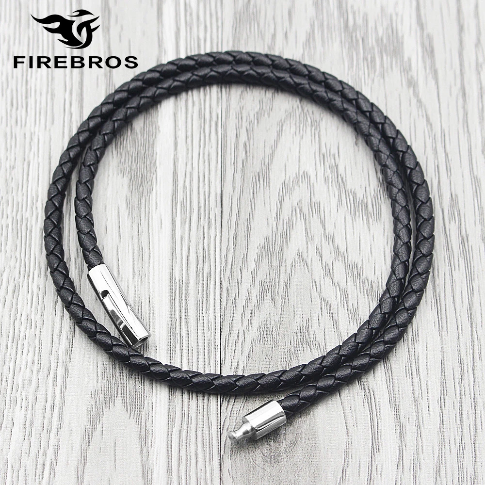 FIREBROS 2021 Stainless Steel Buckle Black Genuine Leather Rope Cord Necklace Men Women Jewelry Gift Choker Long Chain On Neck