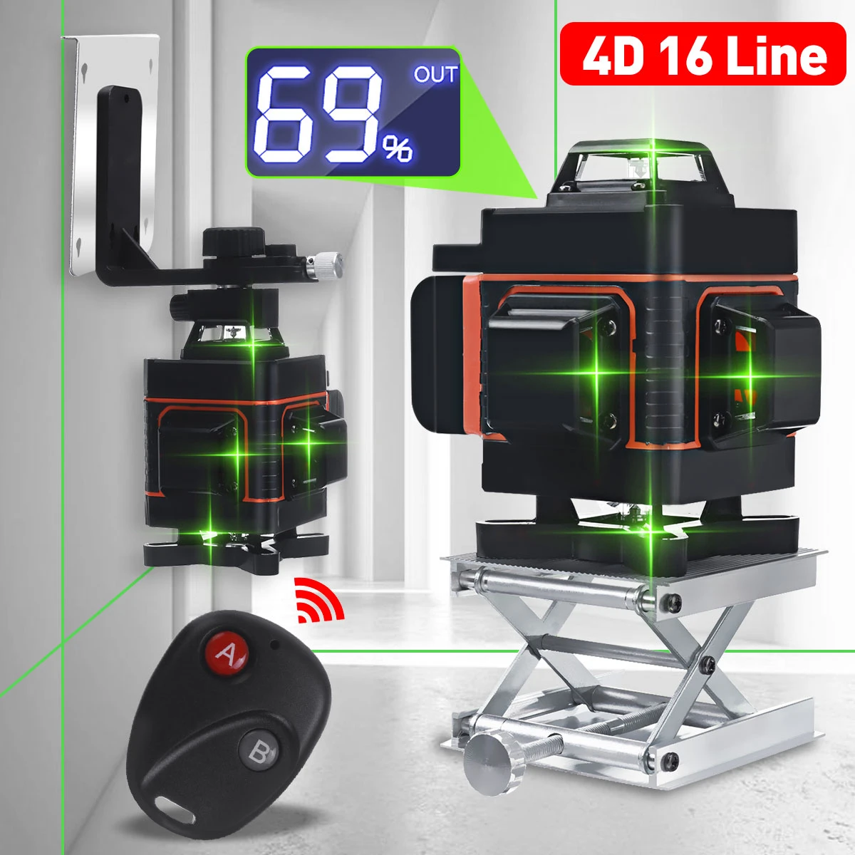 Laser Level 16/12 Lines 4D Green Light LED Display Auto Self Leveling 360° Laser Levels Horizontal Vertical Cross Remote Control