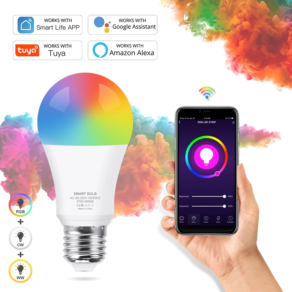 Tuya WiFi Smart Light Bulb E27 LED Lamp RGB+White+Warm White Work with Alexa/Google Home Dimmable Timer Function RGB LED Bulb