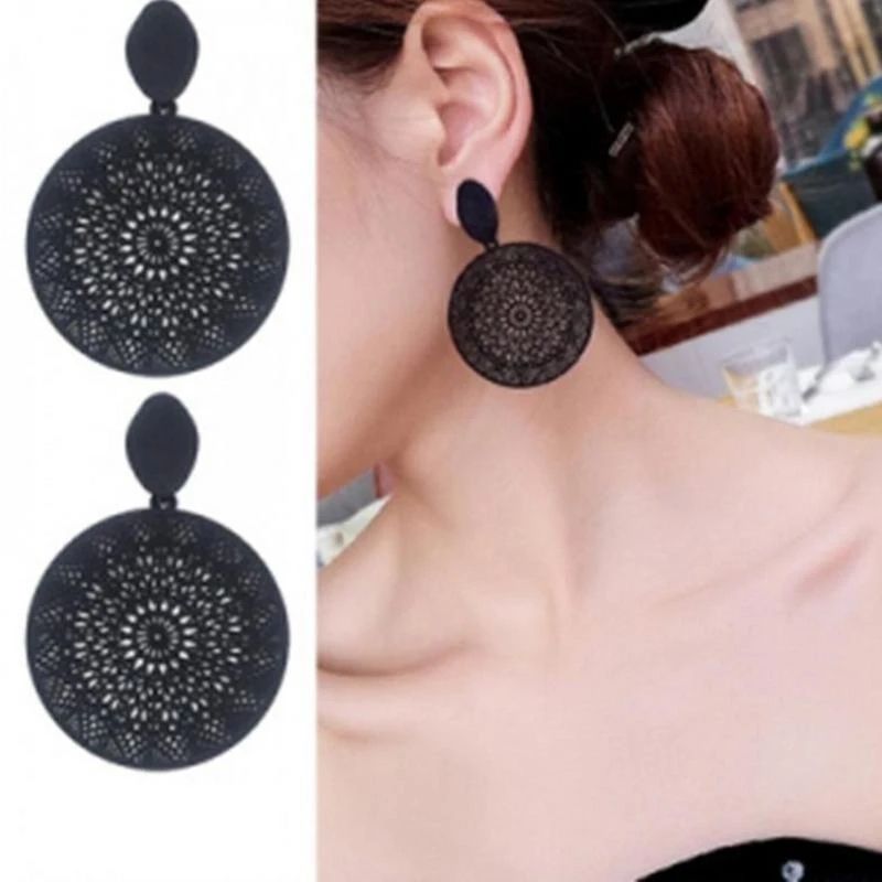 Wholesale Of New Korean Personality Black Ring Temperament Hollow-out Pattern Pendant Earrings In 2019 Earrings For Women