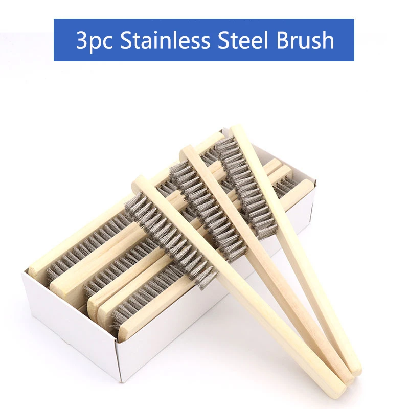 3PC Stainless Steel Wire Bristle Wood Handle Wire Brush 210mm Length