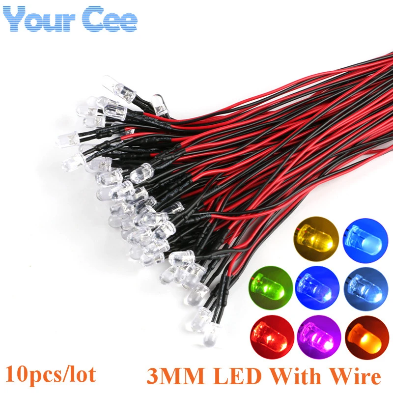 10PCS 3mm F3 LED 20cm Pre-wired White Red Green Blue Yellow UV RGB Diode Lamp Decoration Light Emitting Diodes DIY Pre-soldered