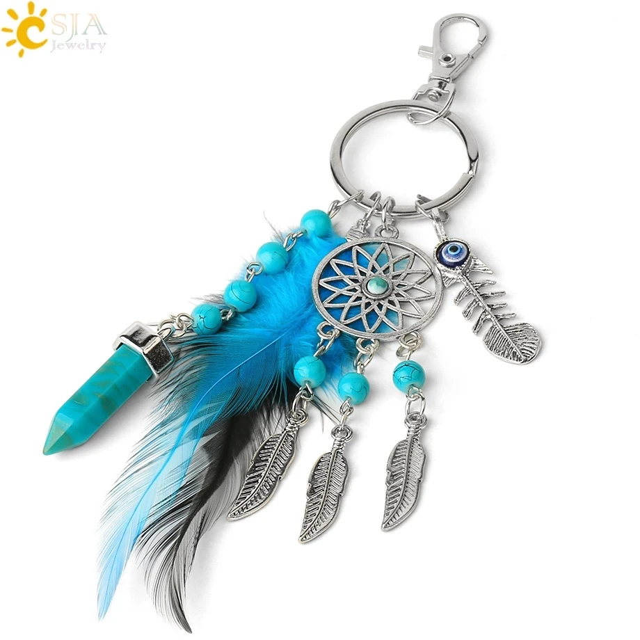 CSJA Dream Catcher Keychains Blue Feather Tassel Hamsa Hand Evil Eye Keyring for Wall Car Hanging Decor Amulet Boho Jewelry G496