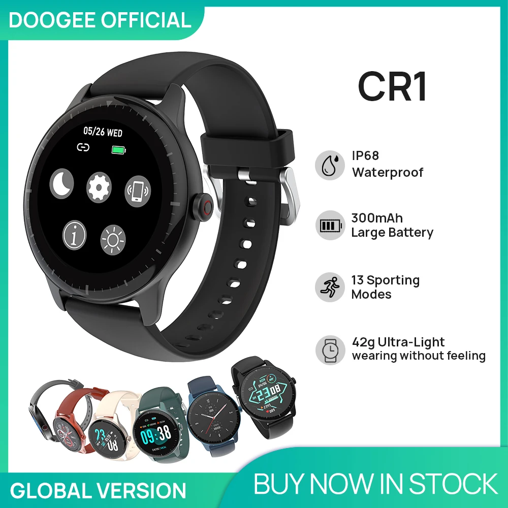 DOOGEE CR1 Smart Watch IP68 Waterproof  Sports SmartWatch Bluetooth 5.0 Sleep Monitor Fitness Heart Rate Tracker Music Controls