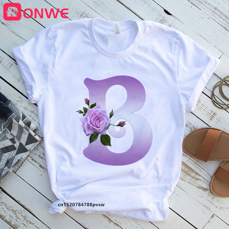 Women's Custom Name Rose Letter Combination Printing T-shirt Flower Letter Font A B C D E F G Short sleeve Tshirt,Drop Ship