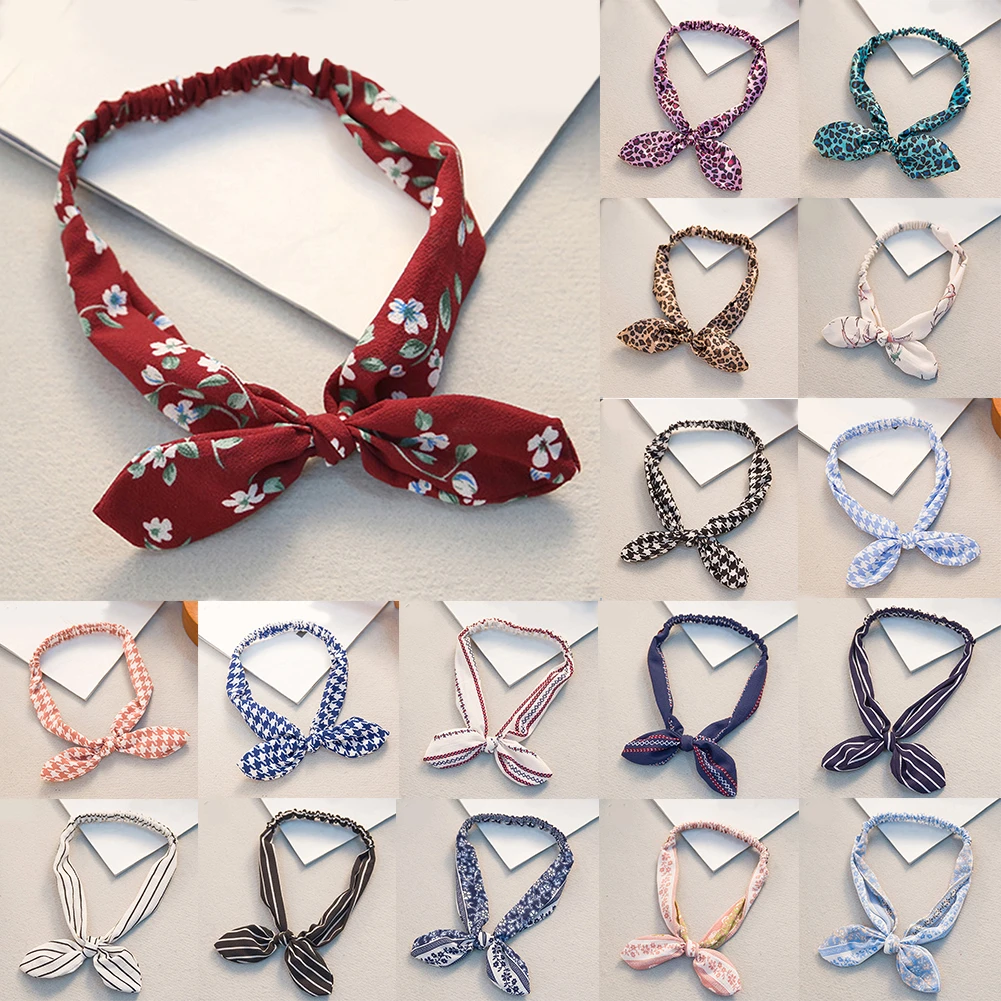 Retro Women Bandana Rabbit Ear Headband Leopard Striped Plaid Hair Bands Bowknot Elastic Iron Wire Hairband Floral Scrunchie Hot