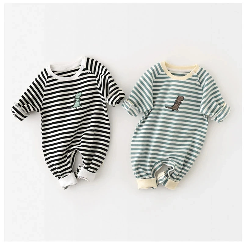 MILANCEL 2021 Autumn Baby Clothes Striped Cotton Newborn Boy Rompers Dinosaur Embroidery Toddler Jumpsuit