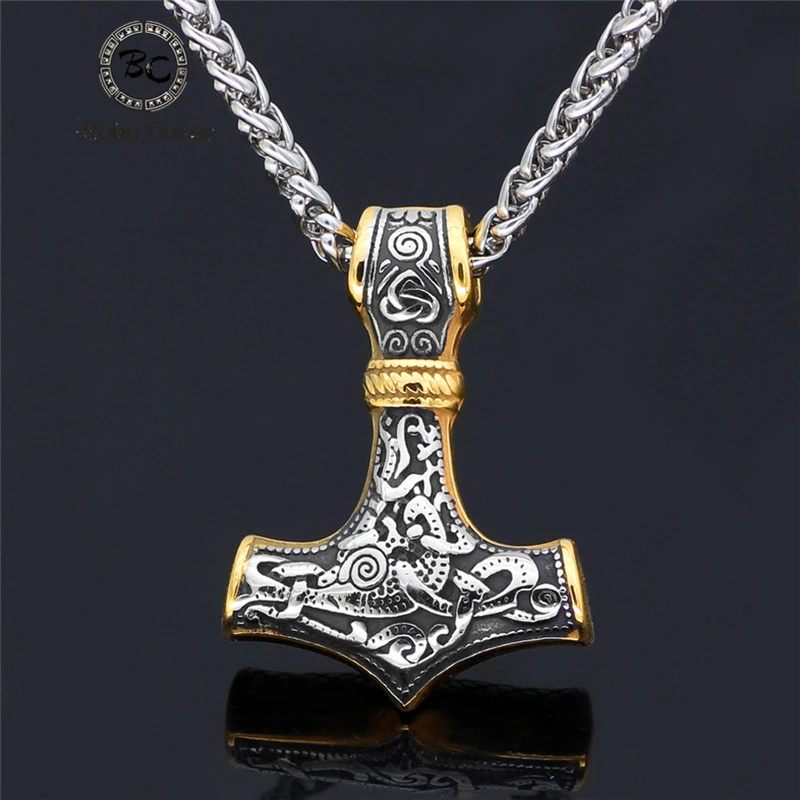 Punk Stainless steel Norse Vikings Amulet Pendant Cord Odin's Gold Thor's Hammer Chain Necklaces Men ethnic Jewelry Dropshipping