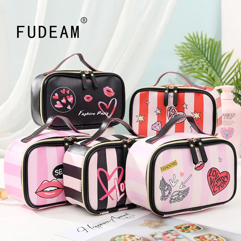 FUDEAM Leather Portable Women Cosmetic Bag Multifunction Travel Toiletry Storage Organize Handbag Waterproof Female Makeup Case