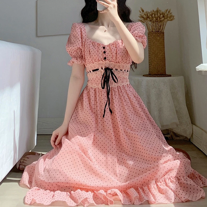 2021 Summer Short Sleeve Beach Dress Women Elegant Vintage Dot Midi Dress Female Square Collar Party One Piece Dress Korean Chic