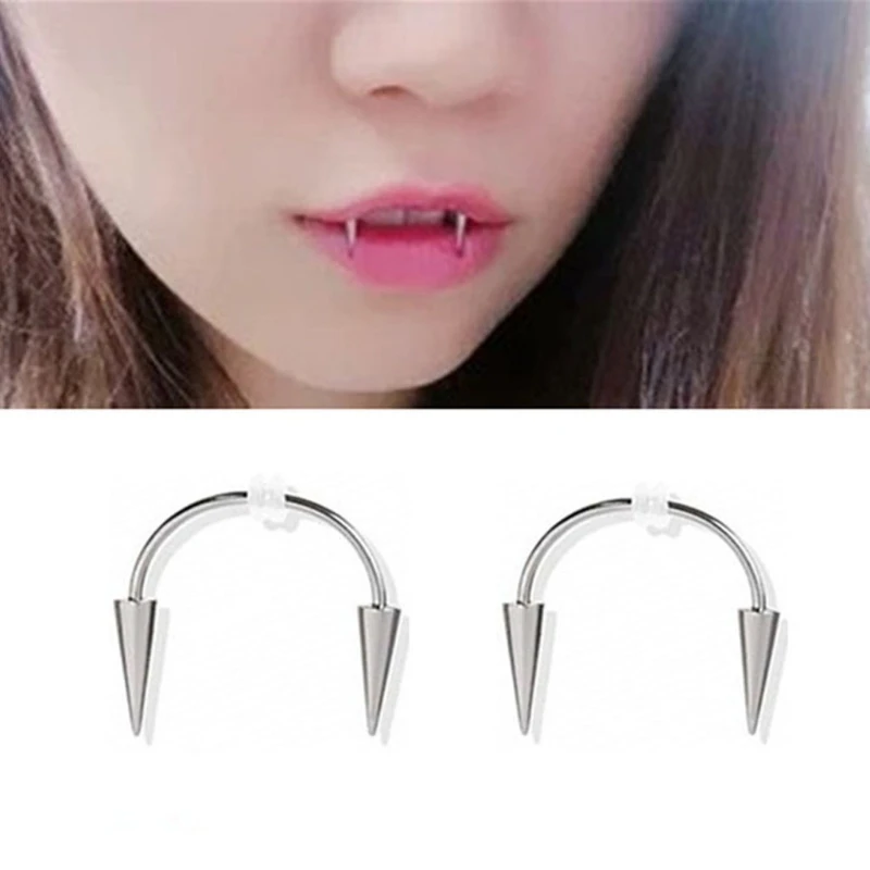 2Pcs 16g Spike Lips Hoop Rings Vampire Teeth Surgical-Steel Spiked Body Jewelry E56F