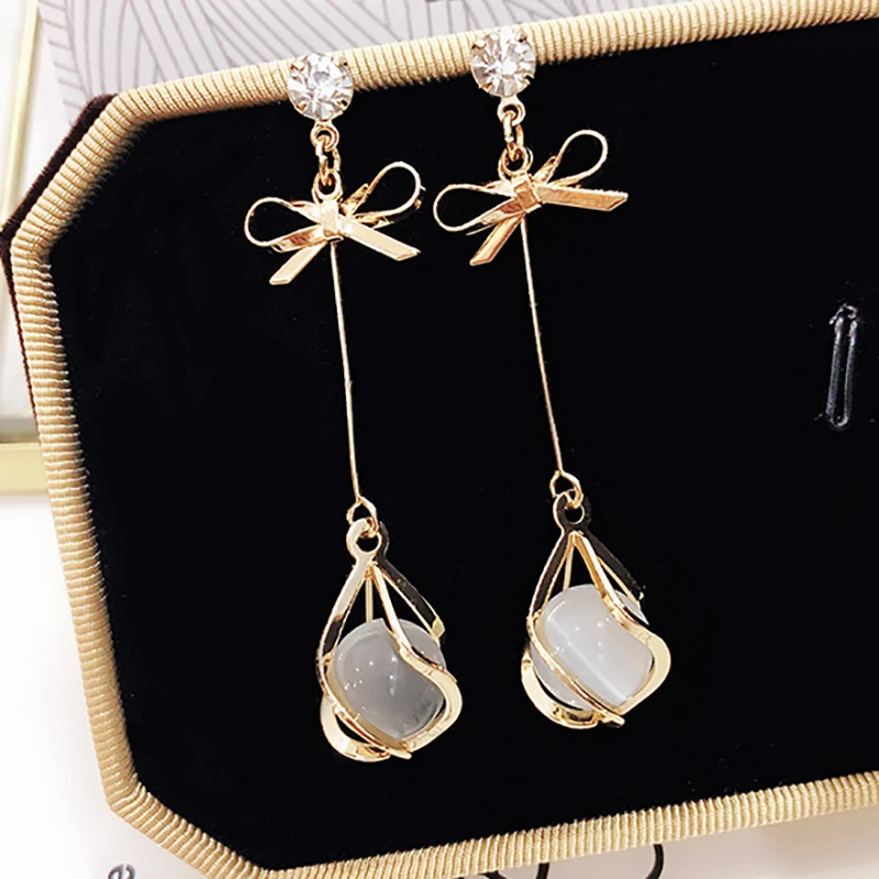 Opal Natural Stone Pendant Earrings Ladies Bowknot Long Tassel Dangle Earrings Party Wedding Earring Jewelry