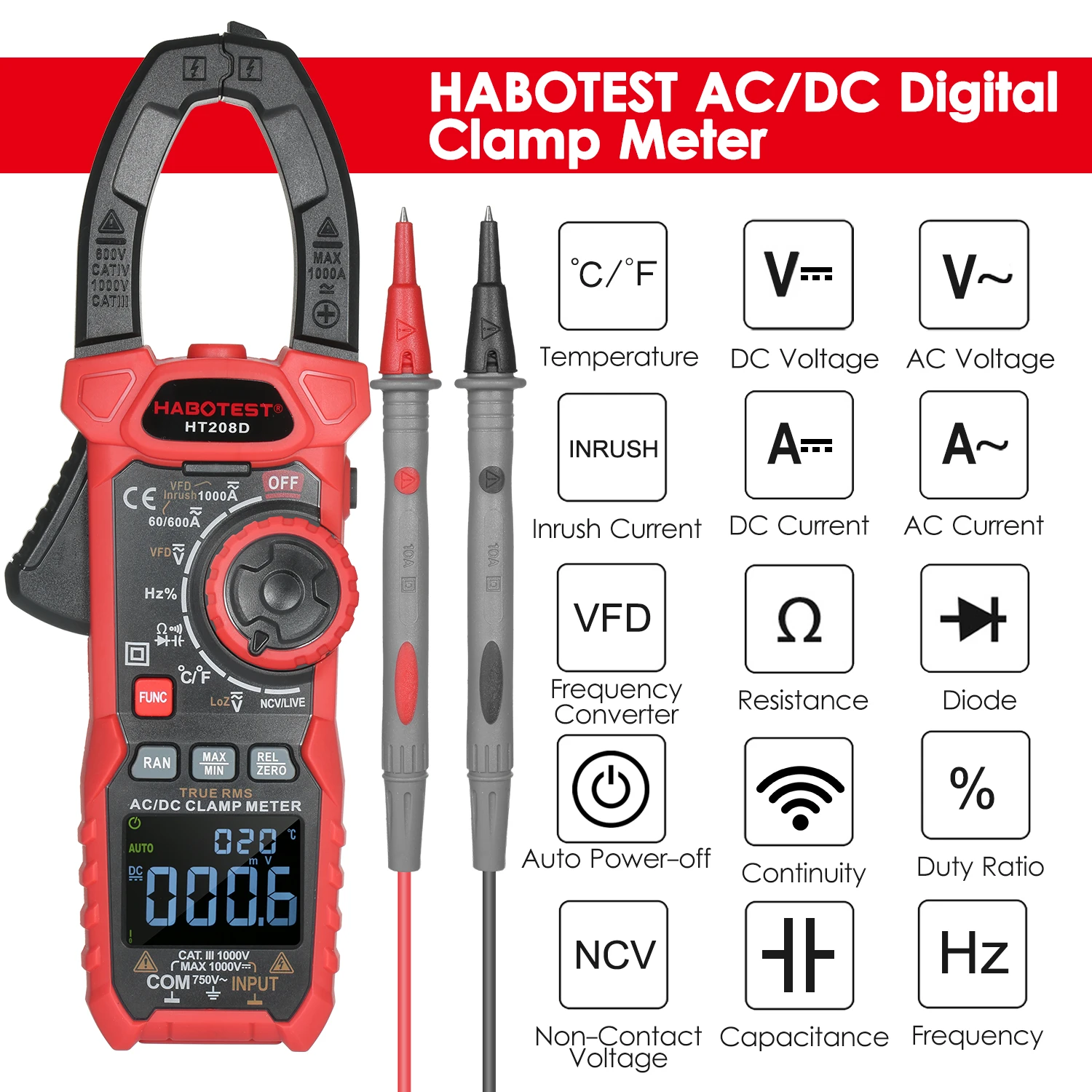 HABOTEST AC/DC Clamp Meter True-RMS Multimeter Anto-Ranging Tester Clamp Diode Capacitance Resistance Continuity NCV Temperature