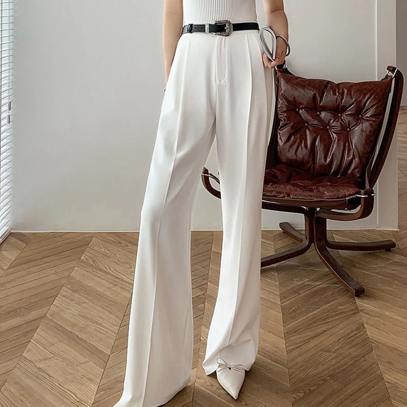 Not Transparent White Pants For Women High Waist Zipper Pocket Big Large Size Long Wide Leg Navy Blue Trousers