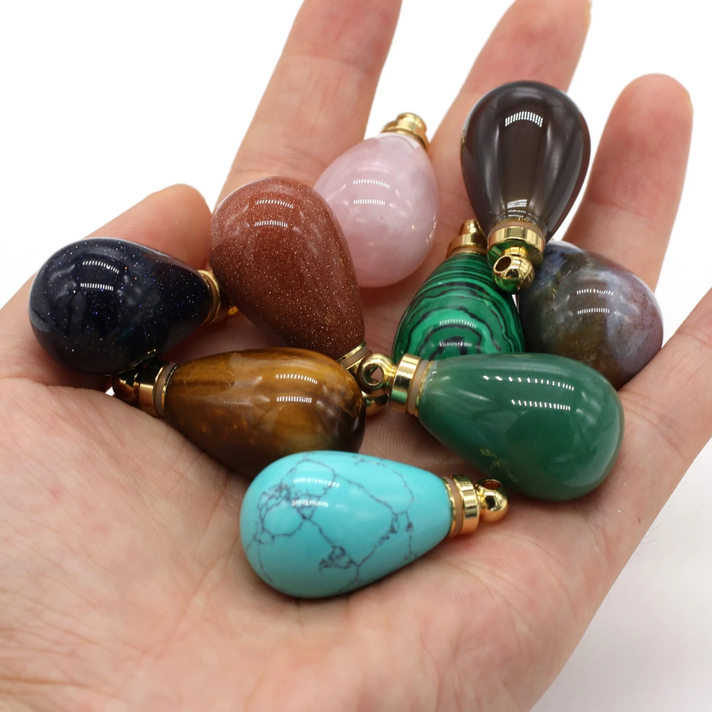 Natural Gems Stone Essential Oil Diffuser Perfume Bottle Pendants Rose Quartzs Tiger Eye Water Drop Shape for Jewelry Making