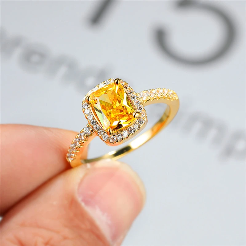Luxury Female Yellow Crystal Stone Ring Classic Silver Color Wedding Rings For Women Trendy Zircon Square Thin Engagement Ring