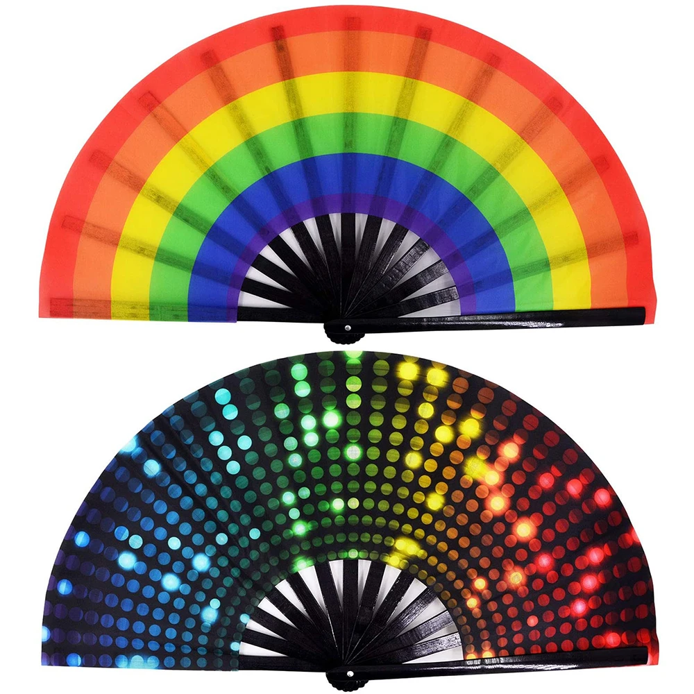 34 cm Large Folding Hand Fan Fold 1 pcs Dot Rainbow Print Black Bamboo & Nylon-Cloth Festival Handheld Fan For Gift