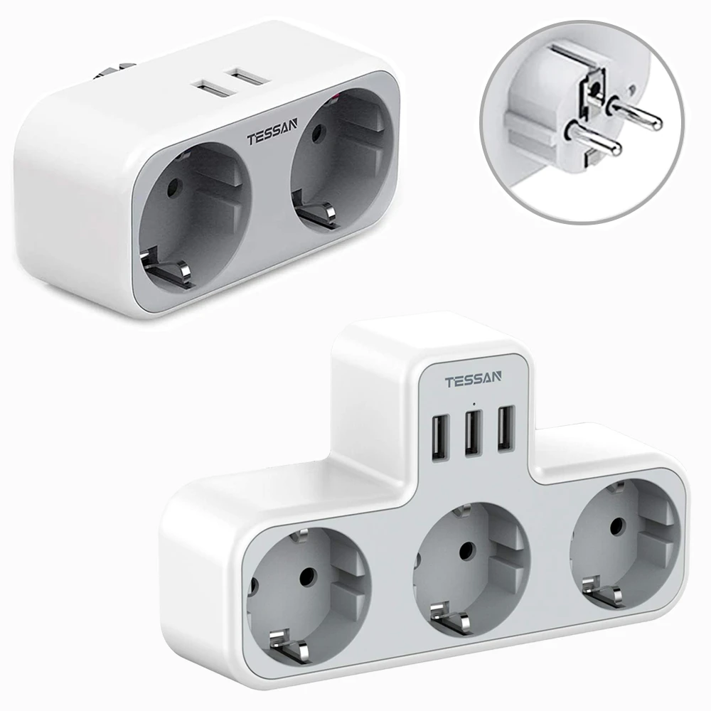 TESSAN EU Wall Socket Power Strip with 2 AC Outlets 2 USB Ports 4000W 5V/2.4A Power Adapter Overload Protection for Home/Office