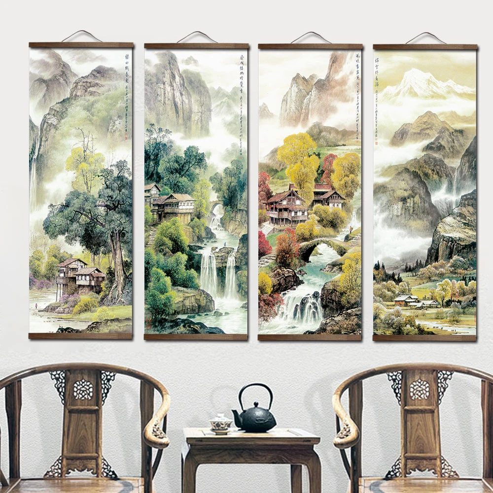 Chinese Traditional Style Four Seasons Landscape Canvas for Livingroom Wall Art Poster Solid Wood Scroll Paintings Home Decor