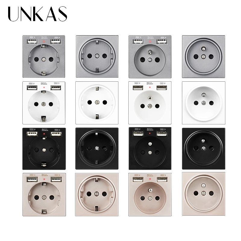 UNKAS B8 Modules DIY Free Combination EU / French 16A Wall Power Socket Dual USB Charger Port Hidden Soft LED Outlet