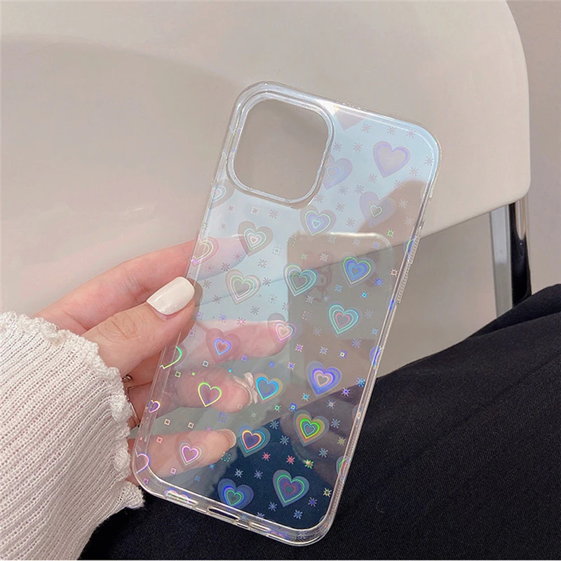 Ottwn Luxury Clear Love Heart Phone Case For iPhone 11 12 Pro Max X XR XS Max 7 8 Plus SE 2020 Gradient Laser Shockproof Cover