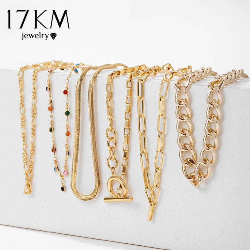 17KM Vintage Multilayer Lock Pendant Necklace For Women Gold Bohemian Rainbow Beads Choker Snake Chain Link Necklaces Jewelry