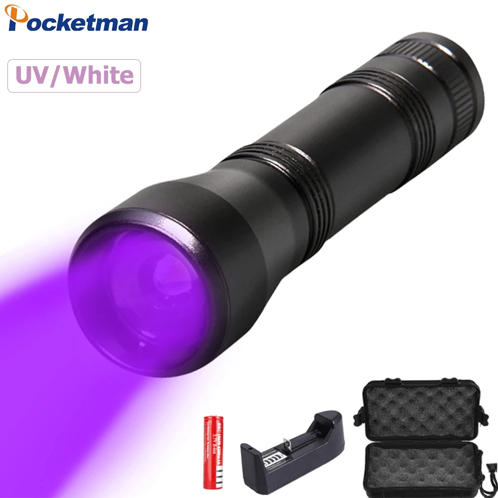 8000Lumens UV Flashlight Purple Light Lanterna 395nm Ultra Violet Light LED Torch Zoomable Flashlight by 18650 Battery