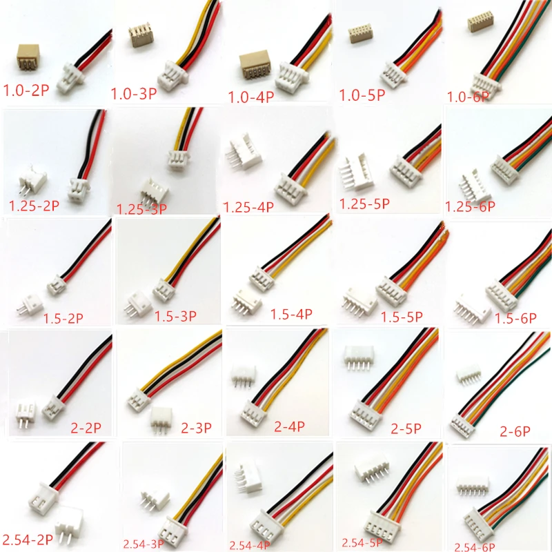 10Sets SH1.0 JST1.25 ZH1.5 PH2.0 XH2.54 Connector Female+Male 2/3/4/5/6/7/8/9/10P Plug With Cable 10/20/30cm