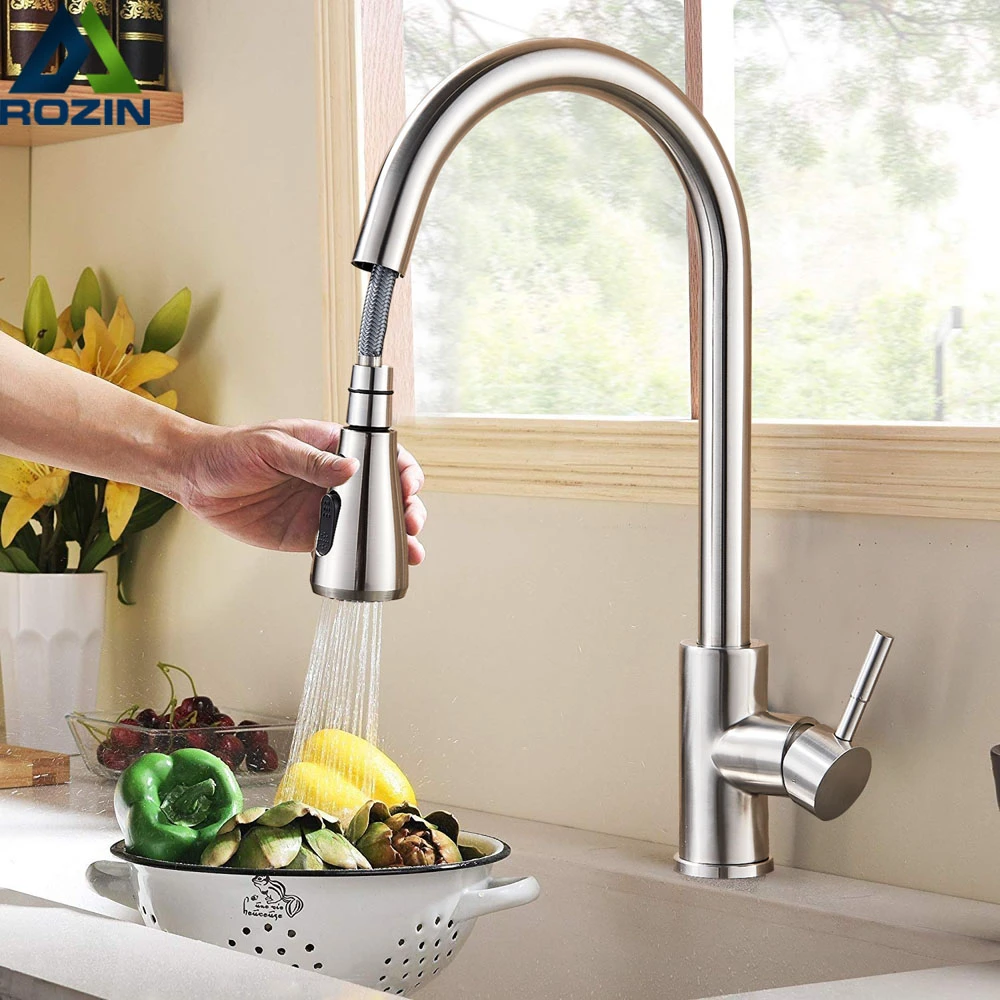 Rozin Brushed Nickel Kitchen Faucet Single Hole Pull Out Spout Kitchen Sink Mixer Tap Stream Sprayer Head Chrome/Black Mixer Tap