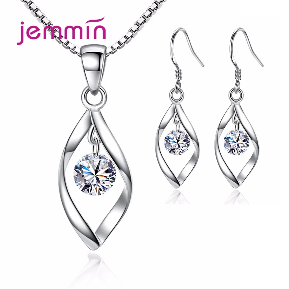 Fashion 925 Sterling Silver Crystal Pendant Necklace Drop Earrings Bridal Jewelry Sets For Women Valentines Day Gift Wholesale