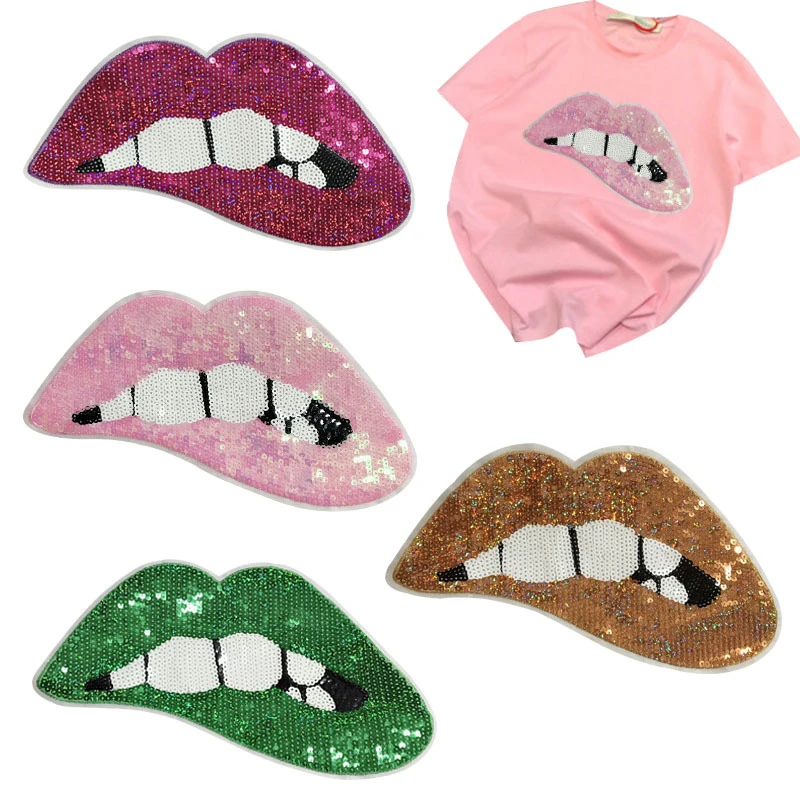Large Size Patch Lip Mouth Patches Applique Sewing Handmade Bling Bling Sequins Patch for Clothing  Clothes  sew on Patch
