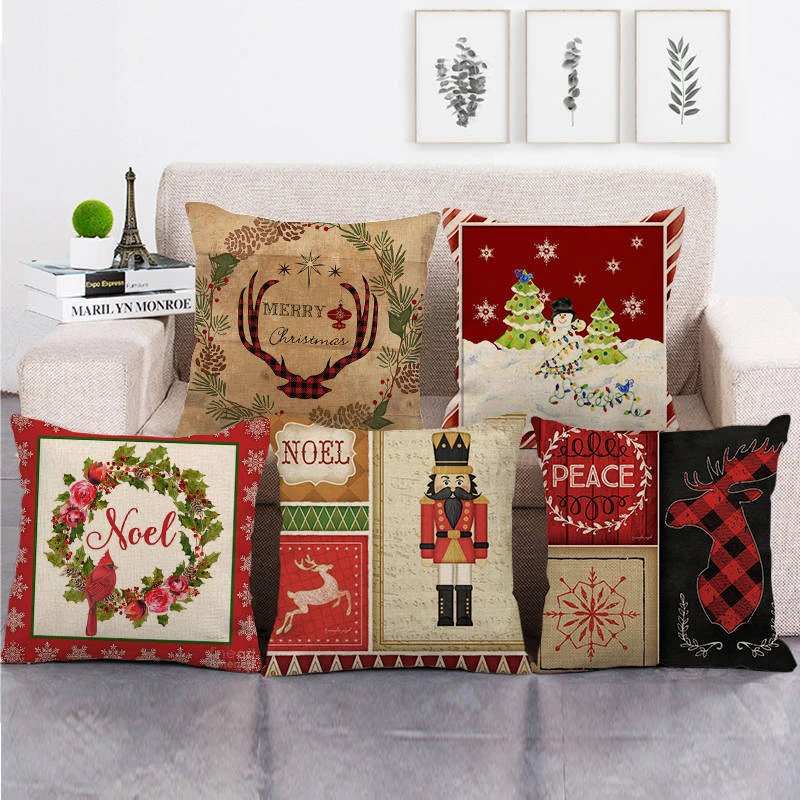 Christmas pillowcase sofa cushion cover Christmas throw pillow linen pillow case Cartoon print cushion cover chair cushion cover